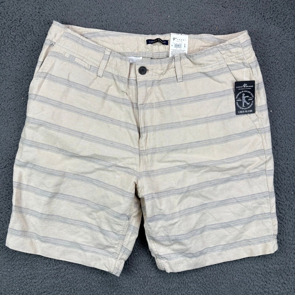 Lucky Brand Mens 9 Inch Linen Blend Striped Shorts Beige Blue 36 NWT 7M20952